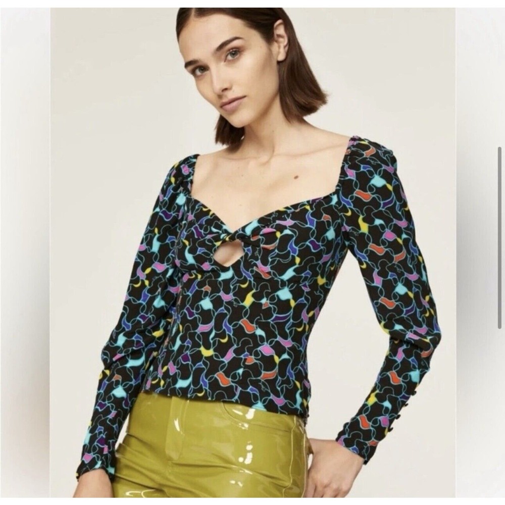 Staud Black Multicolor Print Long Sleeve Sweetheart Neck Josephine Top 6